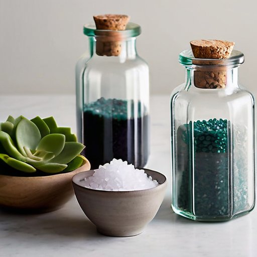 Минималистичное оформление различных магниевых солей в стеклянных контейнерах с натуральными элементами.