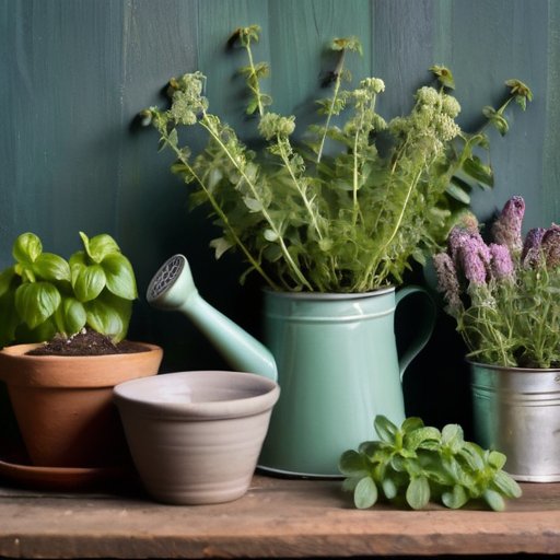 Сад с зелеными листьями майорана, кулинарными травами и инструментами для садоводства.