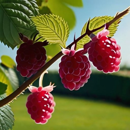 Куст малины с красными ягодами в ухоженном саду.