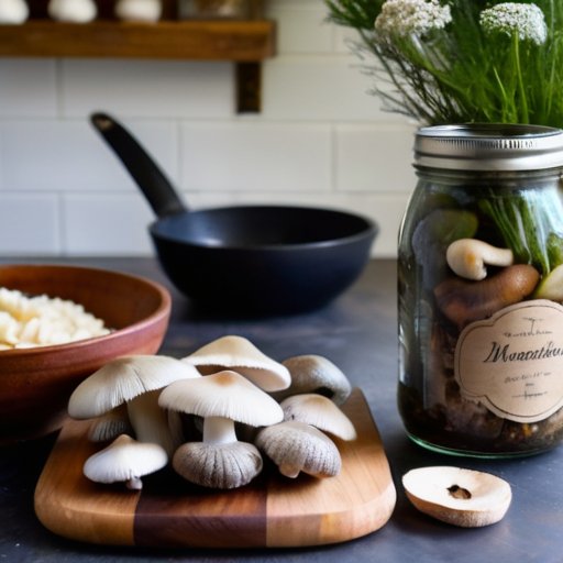 Рустикальная кухня с свежими грибами, нарезанными на доске, маринованными грибами и ингредиентами для маринования.