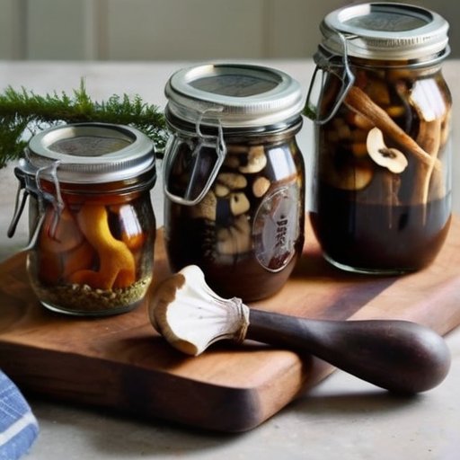 Деревянная кухня с свежими грибами и маринадами.