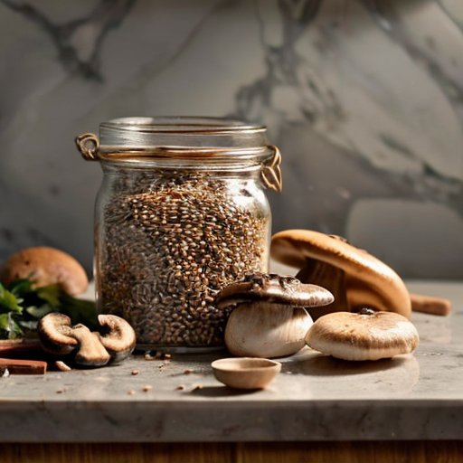 Деревянная кухня с свежими грибами, специями и маринованными грибами.