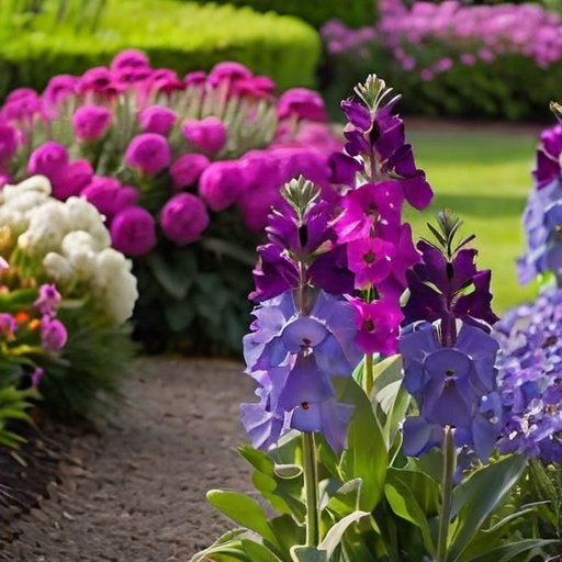 Яркий сад с цветущими маттиолами разных оттенков на фоне зелени и солнечного неба.