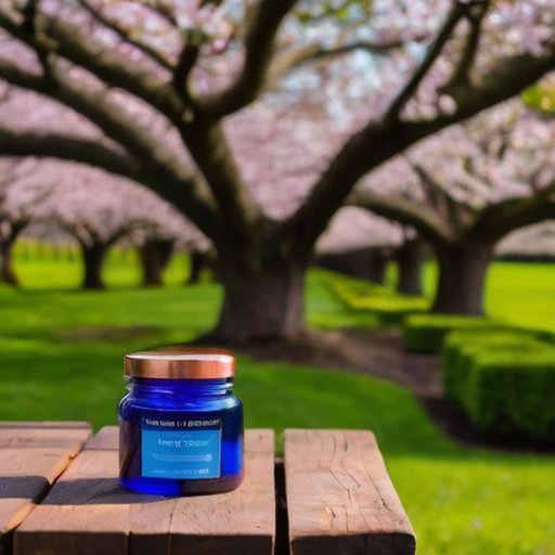 Стеклянная банка с яркими синими кристаллами медного купороса на деревянном столе в саду, на фоне зелёного сада с деревьями. Рядом маленький флакон с надп