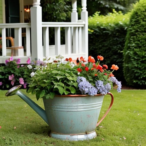 Садовая сцена с яркими растениями, контейнером с синими кристаллами медного купороса и инструментами для ухода за растениями.