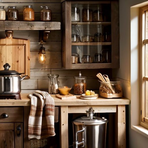 Сельская кухня с деревянным столом, банками меда, оборудованием для ферментации, травами и специями, открытой книгой о медовухе. Теплое освещение создает уютную атмосферу