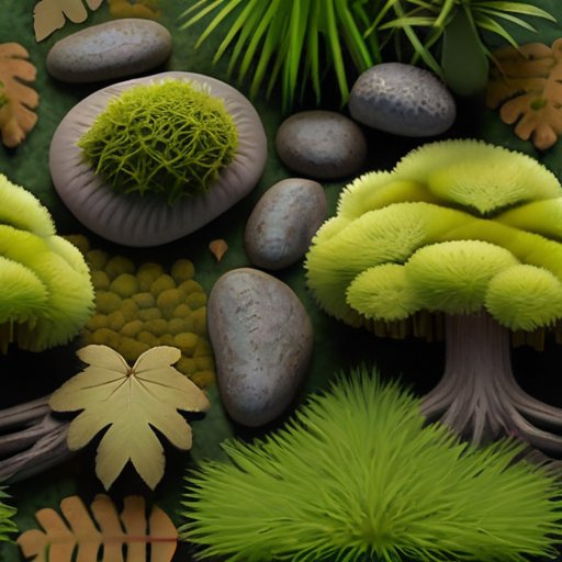 Зеленый лесной пол, покрытый мхом, с листьями, камнями и ручьем.