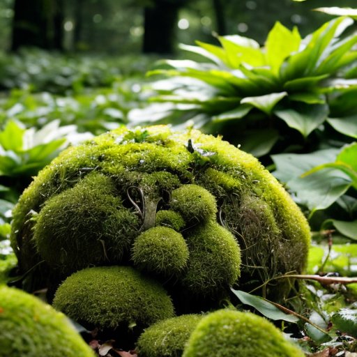 Зеленый моховой пол леса с разнообразием текстур и оттенков зелени, мягкий свет сквозь деревья.