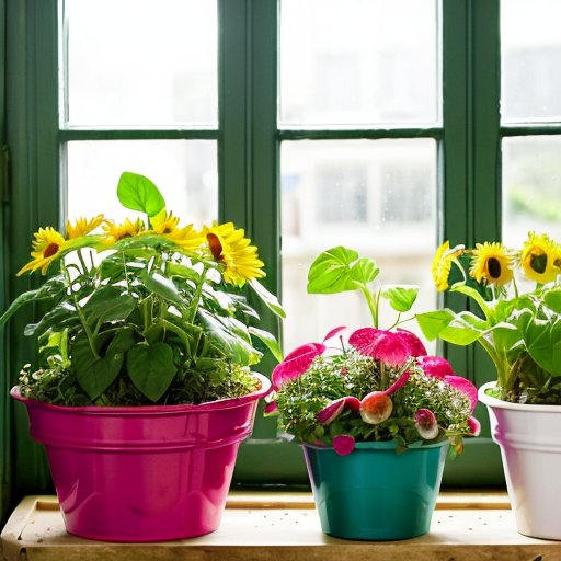 Яркий интерьерный сад с trays микрозелени, контейнерами, инструментами и солнечным окном.