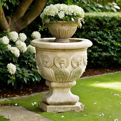 Миртовое растение в спокойном саду с зелеными листьями и белыми цветами, окруженное каменным алтарем и традиционной керамикой.