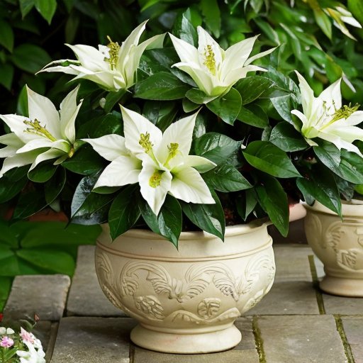 Миртовое растение с зелеными листьями и белыми цветами в традиционном саду с декоративной посудой и свитками.