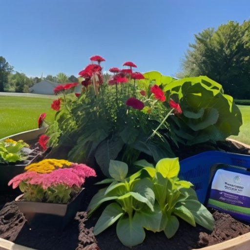 Яркий сад с цветущими растениями и зелеными овощами, на переднем плане - удобрение.