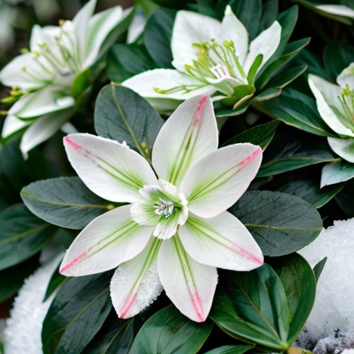 Зимний сад с цветущими геллеборами на фоне снежной земли и вечнозелёных растений.