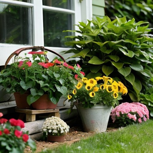 Сцена яркого сада с здоровыми растениями, бутылка аммиака на переднем плане, рядом мерный стакан и лейка.