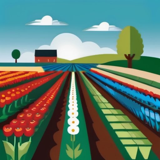 Яркий сельскохозяйственный пейзаж с здоровыми культурами, небом и удобрением 