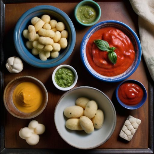 Деревянный стол с разноцветными домашними ньокками и яркими соусами, окружённый ингредиентами.