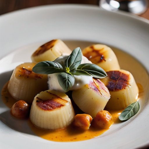 Тарелка с гнокки: картофельные, рикотта и тыквенные, с томатным и шалфейным соусами, украшенная зеленью и пармезаном в уютной итальян