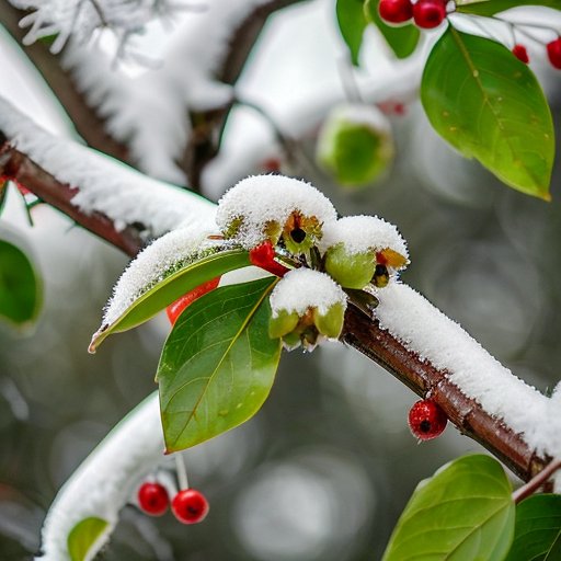 Мистлтоу с зелеными листьями и белыми ягодами на фоне зимнего пейзажа с легким снегопадом.