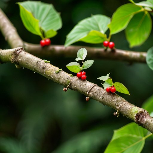 Пусть изображение покажет омелу с зелеными листьями и белыми ягодами на ветвях дерева, передавая ее уникальные свойства и праздничную атмосферу.