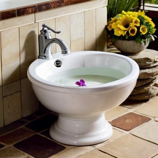 Традиционный умывальник с intricate дизайном, окружённый цветами и камнями, символизирующий очищение и культурное значение.