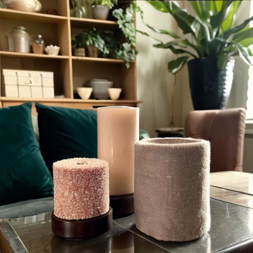 Уютная гостиная с высокими полками, где выставлены потенциально токсичные для кошек предметы, с яркими предупреждающими ярлыками.