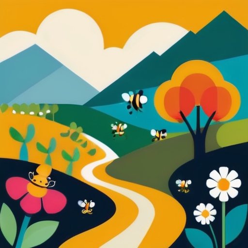 Иллюстрация яркого сада с разнообразными цветущими растениями, обозначенными как самоплодные и перекрестноплодные виды, с элементами, представляющими опыление: ветер, вода и насекомые,