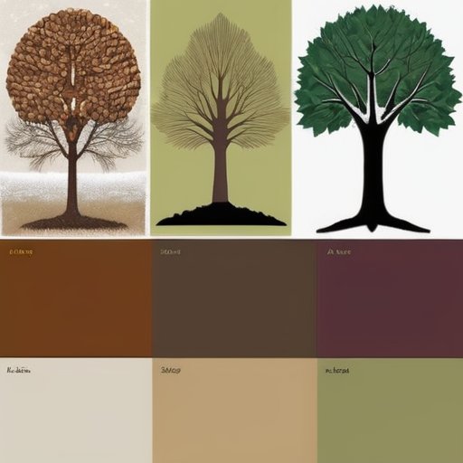 Дерево фундука в четырех сезонах: весна с распускающимися листьями, лето с зрелыми орехами, осень с яркой листвой и собранными орехами, зима с гол