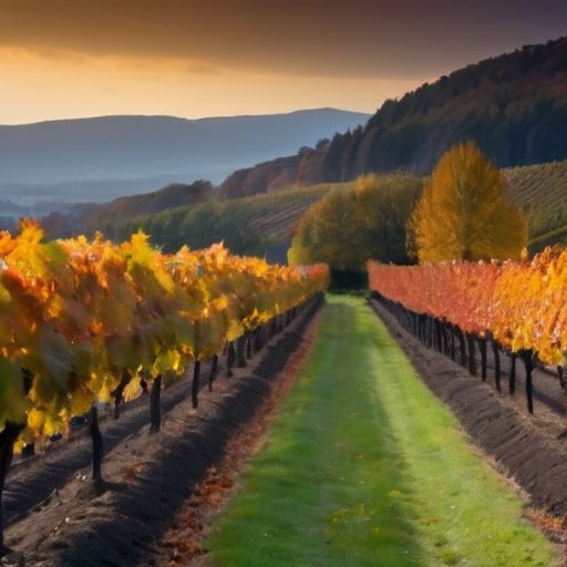 Спокойный осенний виноградник с яркой листвой, корзина с виноградом, секатор и бутылка удобрений.