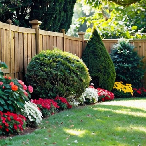 Пышный сад с разнообразными растениями у деревянного забора.