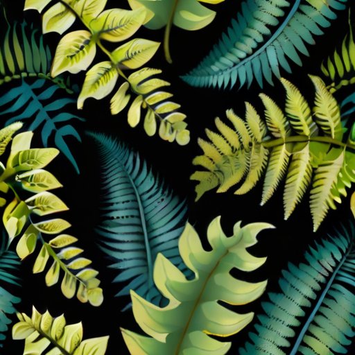 Сад из зелёных папоротников с разнообразными формами листьев, солнечные лучи и туманная атмосфера.