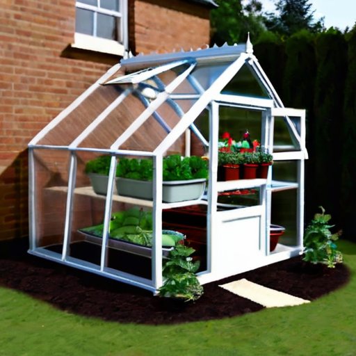 Яркий сад с теплицей и холодной рамой, окружённый инструментами и растениями.