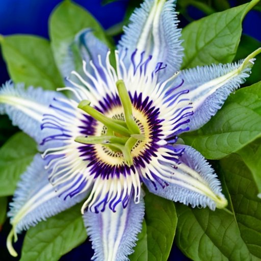 Пышный сад с разнообразными видами страстоцветов на фоне тропической листвы и ясного голубого неба.