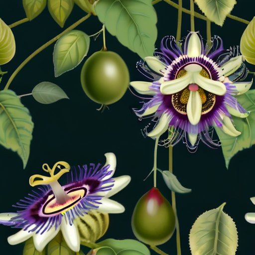 Яркая лиана страстоцвета на решетке с цветами и зелеными листьями, рядом с лечебным травяным садом и спелыми плодами.