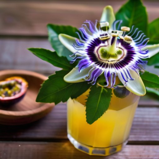 Пышное растение страстоцвета с яркими цветами на фоне солнечного сада, рядом с табличкой и стаканом сока из маракуйи.