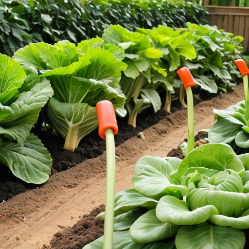 Солнечный овощной сад с зелеными кочанами китайской капусты и садовыми инструментами.