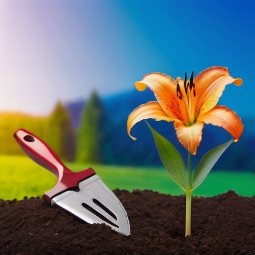 Сад с цветущими лилиями и инструментами для садоводства на фоне зелени и голубого неба.