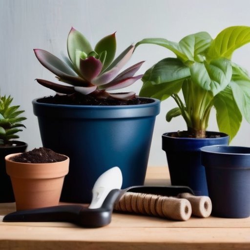 Сцена уюта с комнатными растениями, новым горшком, свежей почвой и инструментами для садоводства на деревянном столе.