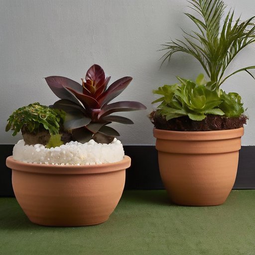 Сцена яркого сада с горшечными растениями и перлитом в почве, подчеркивающим дренаж и аэрацию.