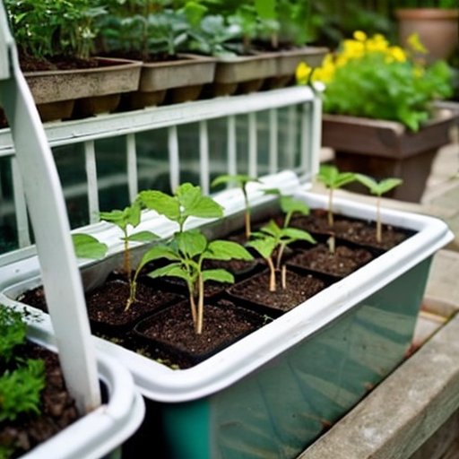 Организованный садовый уголок с рассадными trays, инструментами и здоровыми растениями в теплице.