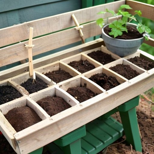 Упорядоченный садовый стол с инструментами, горшками и рассадой для пересадки.