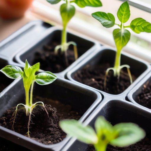 Здоровые рассады томатов в биоразлагаемых контейнерах на фоне солнечного света и садовых инструментов.