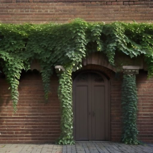 Пышная зелёная ива на кирпичной стене, солнечный свет, капли росы.