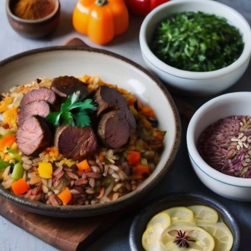 Плов на красивой тарелке с овощами, мясом и специями в традиционной кухне.