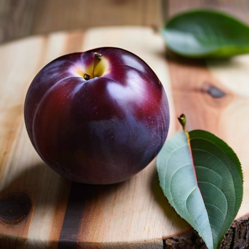 Плод плюота на деревянном столе, окружённый зелеными листьями и солнечными лучами.