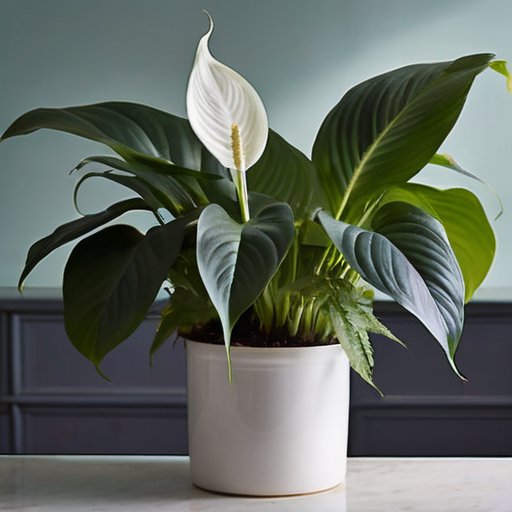 Здоровый спатифиллум на фоне светлого интерьера с поливочным кувшином и органическими удобрениями.