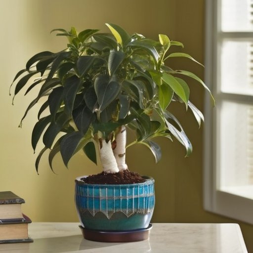 Здоровое растение Фикус Бенжамина в ярком интерьере с солнечным окном и аксессуарами для ухода.