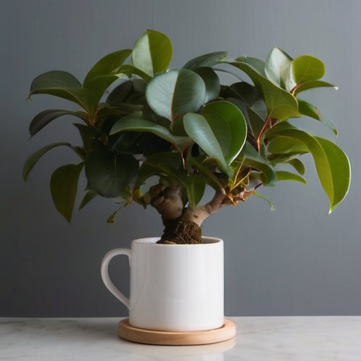 Здоровый фикус в светлом помещении с зелеными листьями, рядом с поливочным кувшином и измерителем влажности, символизирующими заботу. Осенний календарь на фоне.