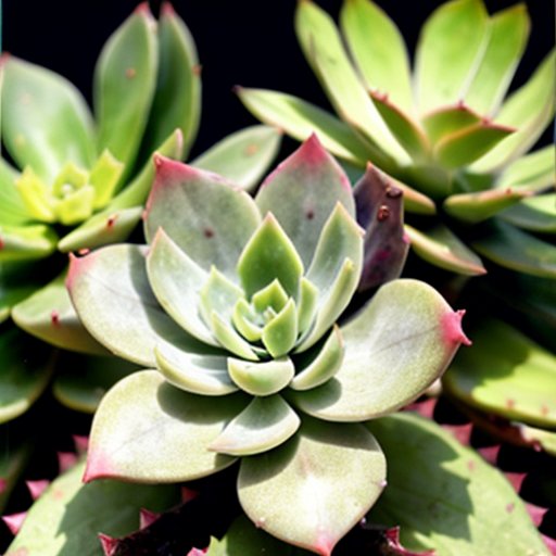 Сочный сад с разнообразными суккулентами, близкий план с опадающими листьями, лейка и влагомер на фоне солнечной погоды.