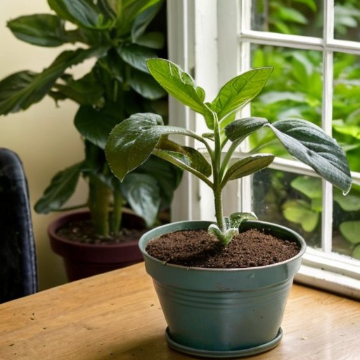 Томатный саженец в горшке на фоне солнечного indoor-сада, рядом удобрения и лейка.