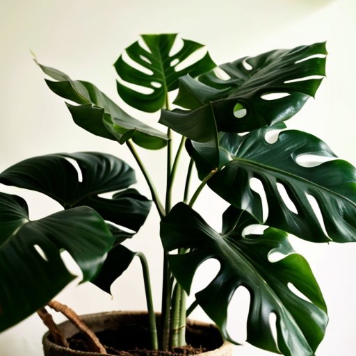 Монстера с зелеными листьями, желтеющими листьями, рядом с лейкой и бутылкой с удобрениями на фоне уютного интерьера.